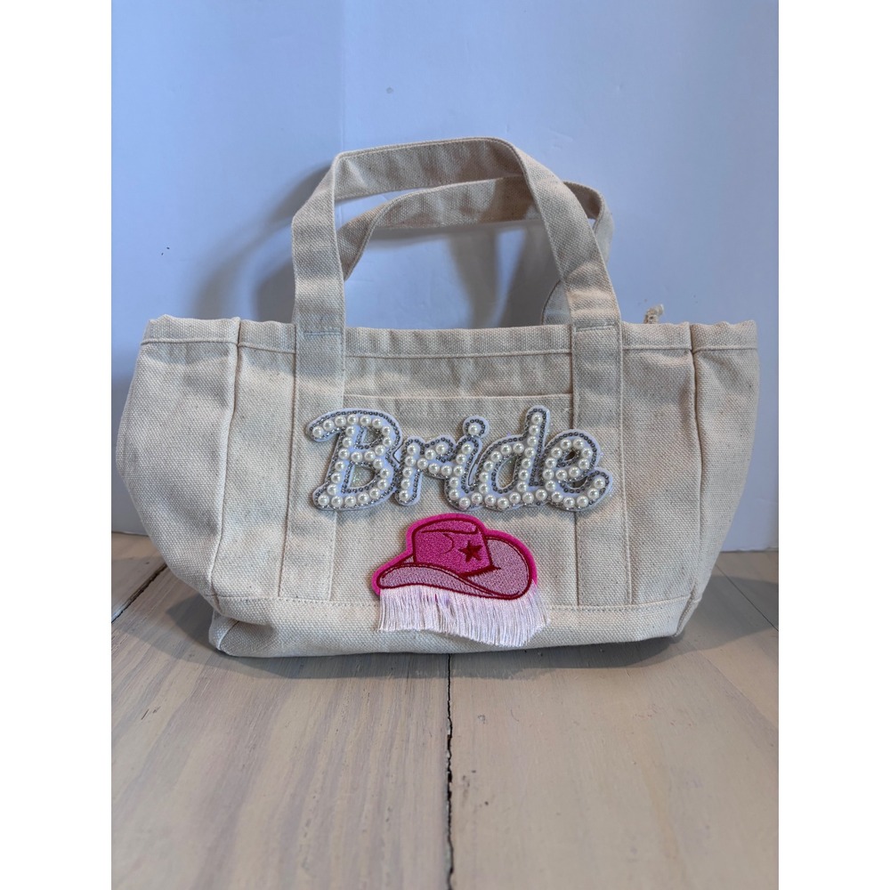 Bride Canvas Mini Tote Bag Beige Pearl Rhinestone Pink Cowboy Hat Fringe Bridal